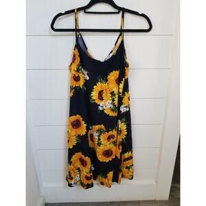 Y2K Ms Basic Sunflower Sundress Midi Spaghetti Strap Black Yellow Large